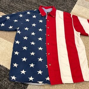 Cotton Traders Sport Flag Button-Up Shirt Red White Blue M Short Sleeve